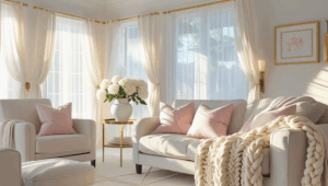 Bright, airy living room with soft white walls, natural sunlight streaming through gauzy curtains, cozy neutral furniture with blush pink and cream accents, fresh white flowers in a ceramic vase, feminine touches like a chunky knit throw and gold picture frames