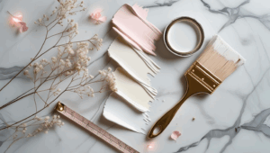 Pinterest Photo Prompt: Elegant paint color palette flat lay with paint swatches in soft whites and creams, a gold brush, measuring tape, and delicate dried flowers arranged on marble background, soft feminine styling with blush accents