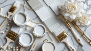 Beautiful paint finish comparison styled with paint samples in soft whites, a delicate brush with white bristles, gold measuring tools, and feminine styling elements like pearl accents and cream flowers against a marble backdrop