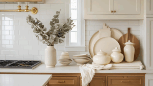 Styled vignette showing paint coordination with hardwood floors, white subway tile backsplash, brass fixtures, and neutral fabrics, arranged with feminine touches like dried eucalyptus and cream ceramics