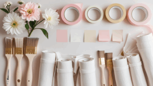 eminine home improvement flat lay with paint brushes, drop cloths, painter's tape, and color swatches arranged prettily with blush accents, gold measuring tape, and fresh white flowers