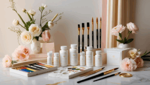 Beautifully styled product photography with painting supplies arranged on white marble, soft feminine lighting, blush and cream accents, fresh flowers, and gold details