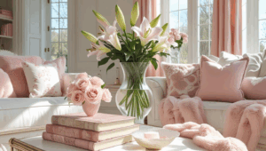 Dreamy "after" shot of painted living room with soft white walls, natural light, cozy feminine decor in blush and cream tones, fresh flowers, and styled coffee table with design books
