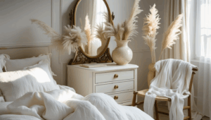 Dreamy bedroom styled in soft whites and creams, billowy white bedding with linen textures, a vintage brass mirror catching morning light, dried pampas grass in a cream ceramic vase, feminine details like pearl drawer pulls and a silk scarf draped over a chair