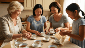 family sitting around a table sorting china