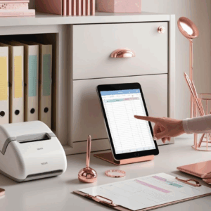 supplies to used to organize and reduce paper, scanner, label, binders