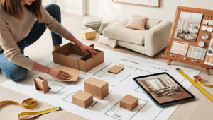 a woman laying out her new house plans, samples, paint decorations