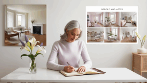 woman sitting at table writing in her journal
