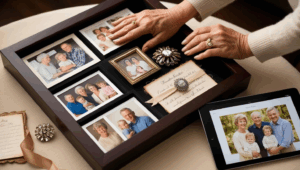 a woman's hands handling sentimental items in a shadow box