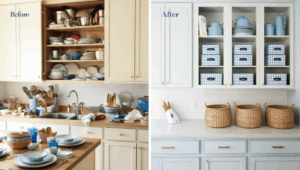 before and after showing an organized kitchen