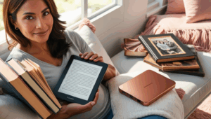 a woman showing her putting her books on ereader