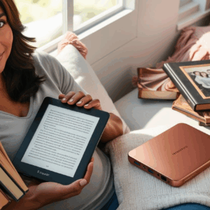 a woman showing her putting her books on ereader