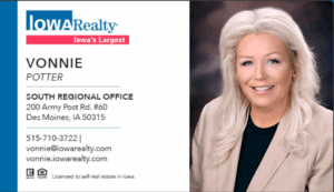 business card of vonnie potter realtor and her contact information